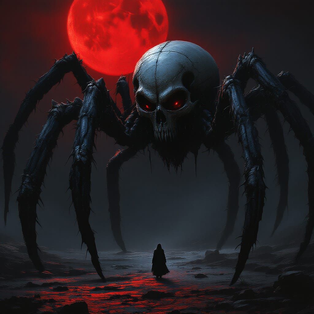 Giant Skull Spider Casting Shadow Under Blood Moon