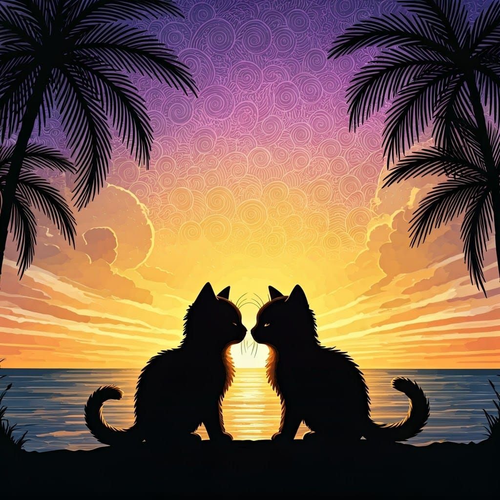 Whimsical Sunset Silhouettes of Kitten Love