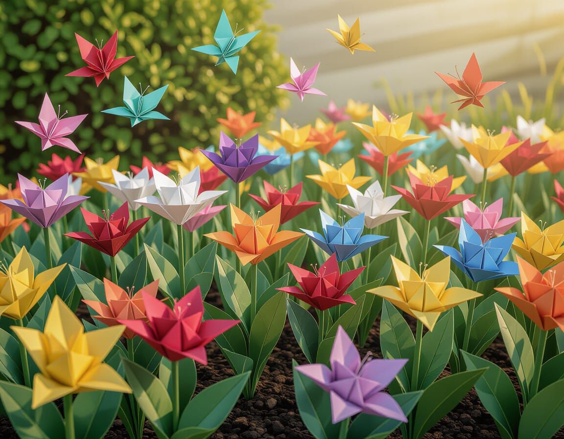 Origami Garden With Paper Butterflies