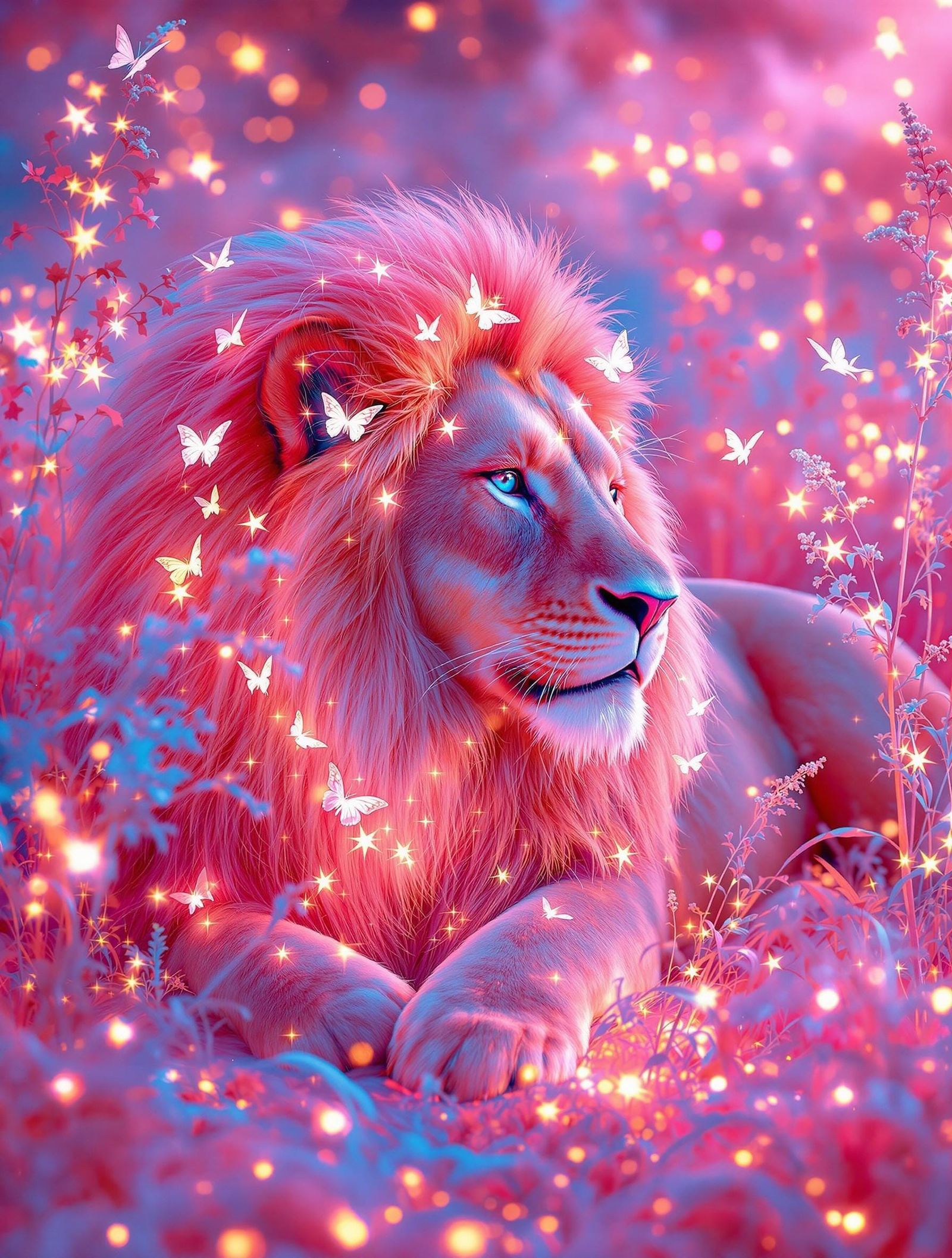 Captured in high-contrast infrared photography with layered bioluminescent effects, a surreal dreamscape reveals a regal...