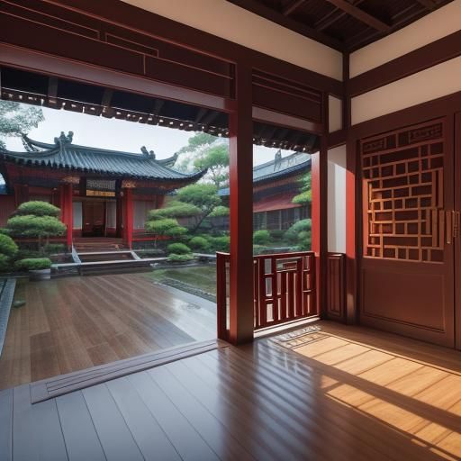 Serene Chinese-Style Mansion with Intricate Wood Carvings
