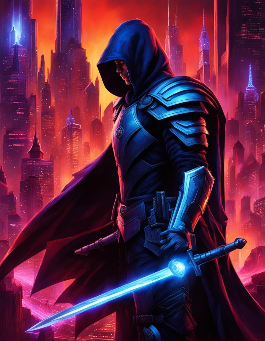 Cyberpunk Crusader in Neon Cityscape