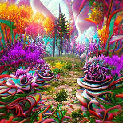 Psychedelic Landscape Flower Garden in Surreal Style