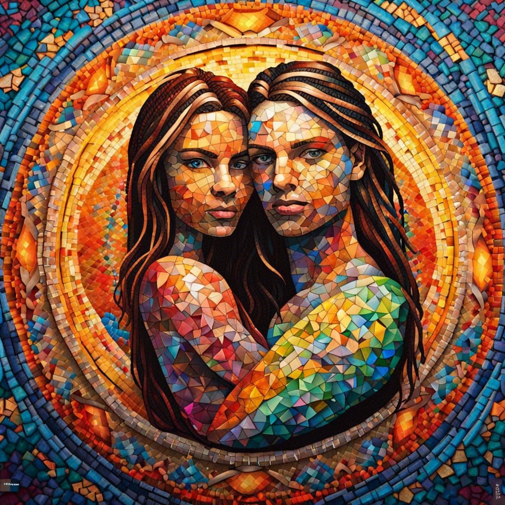 Colorful Mosaic Mandala Depicting Lovers