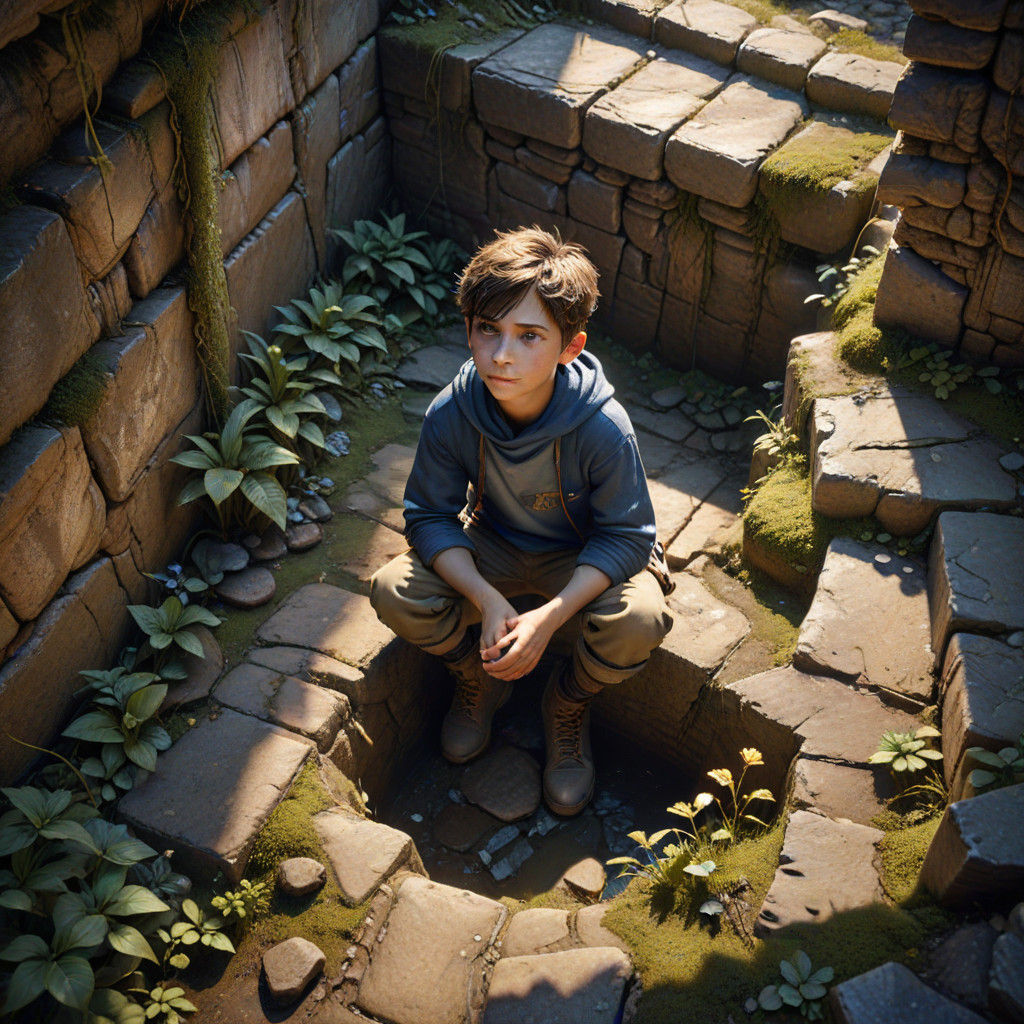 Boy in Ancient Pit, Fantasy Concept Art