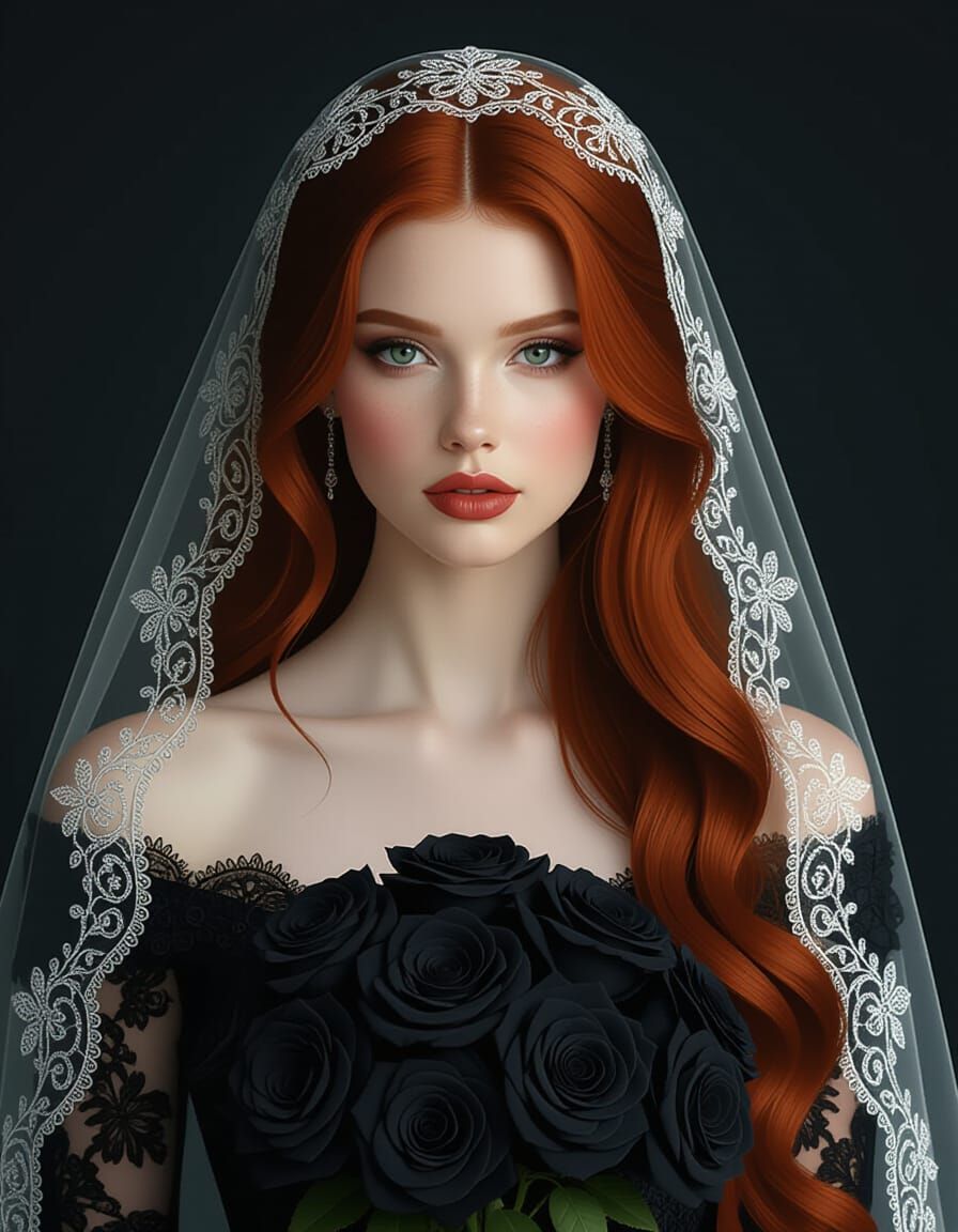 Dark Romance Portrait of Woman with Red Hair and Black Roses