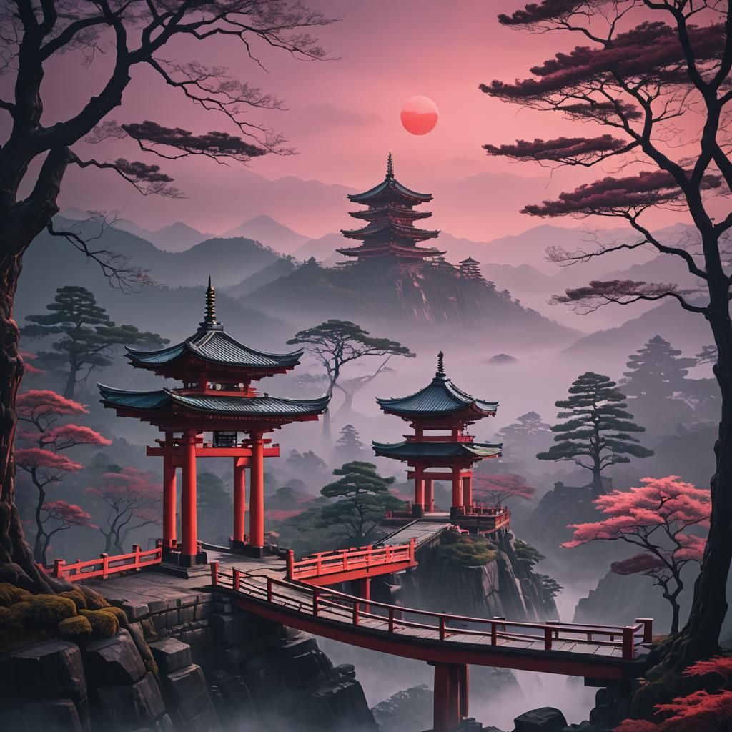 Shinto Temple Overlooking Misty Valley in Synthwave Style