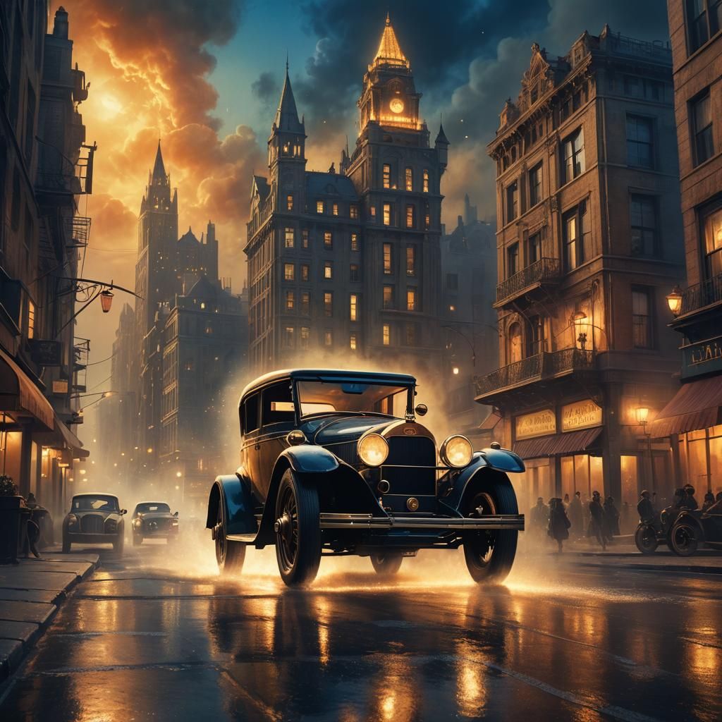 1920s Car in Mystical Cityscape Matte Painting