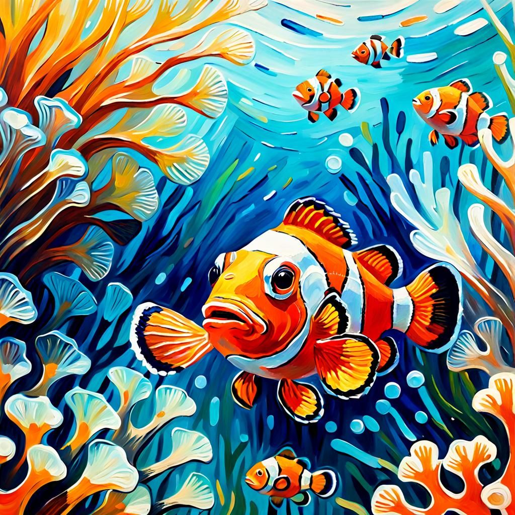 Clownfish Underwater: Expressionist Impasto Oil Painting