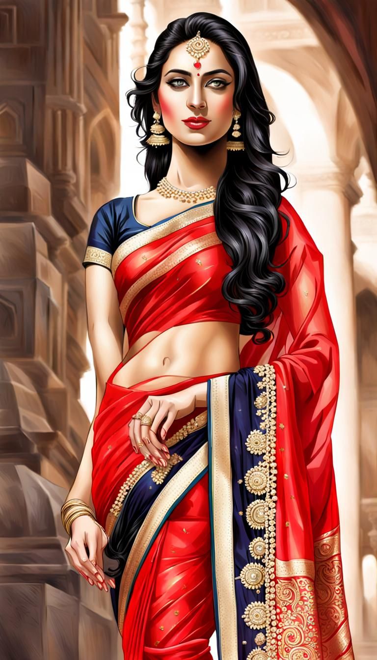 American Woman in Red Saree: Cinematic Digital Art