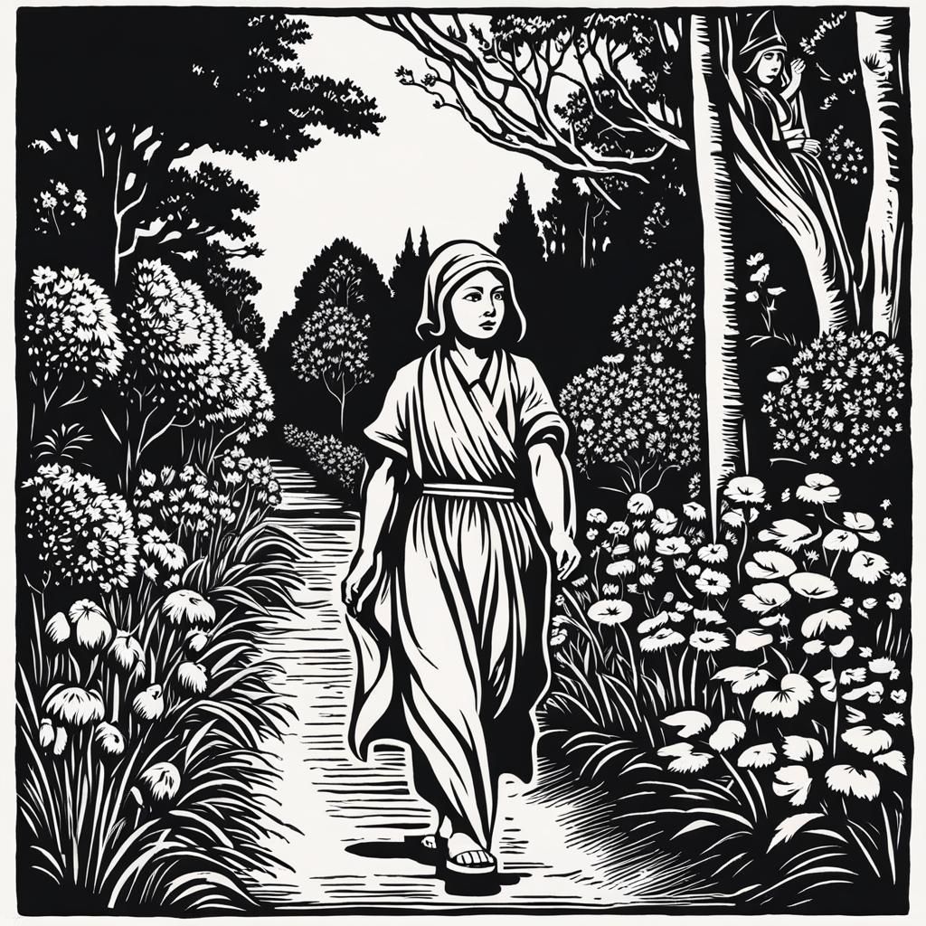 Monochrome Woodcut Gnome Maiden in Garden