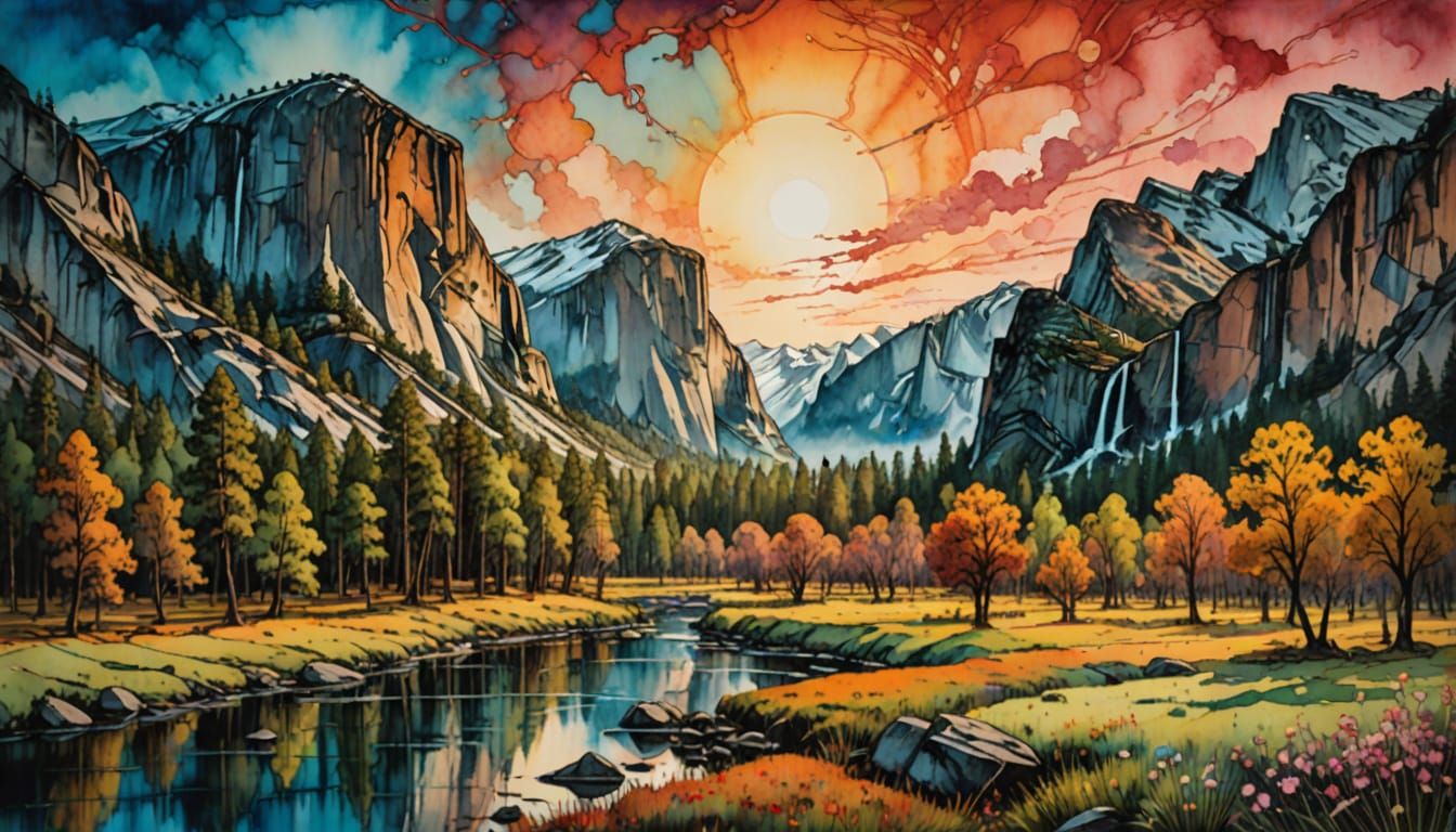 Vibrant Yosemite Landscape in Springtime with Whimsical Suns...