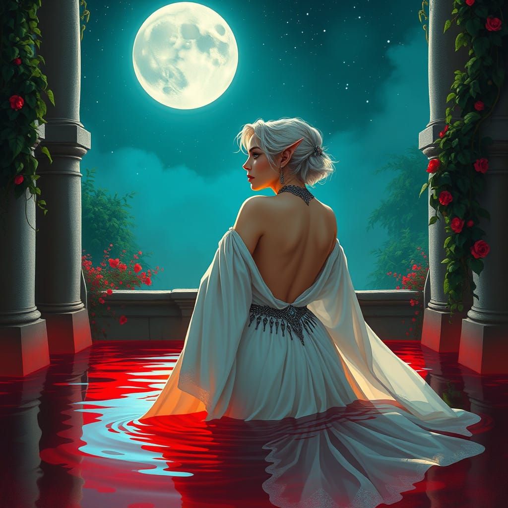 Ethereal Blood Mage Silhouette in Crimson Pool Under Ancient...