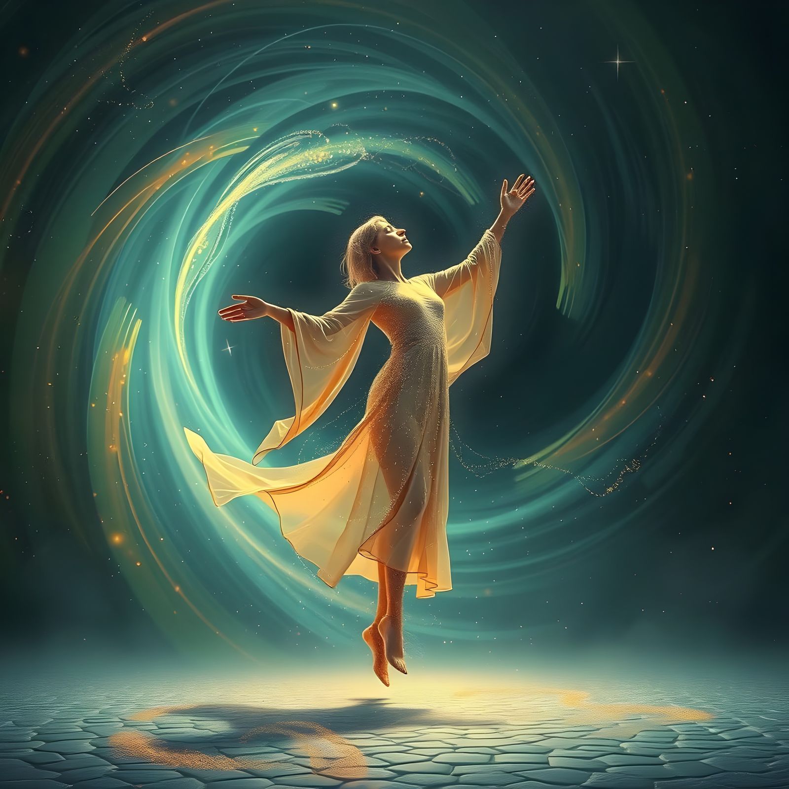 Ethereal Figure Dances in Cosmic Vortex: Digital Art