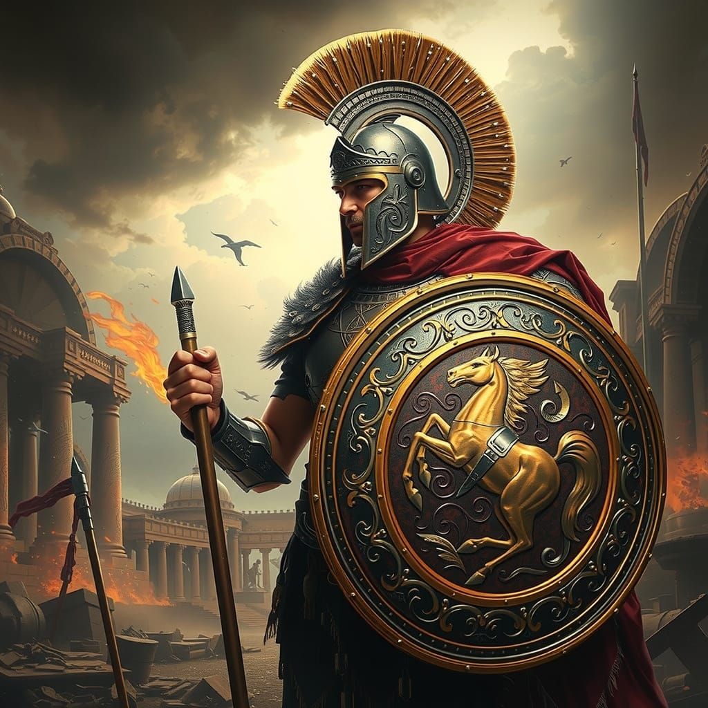 Heroic Ancient Greek Warrior with Majestic Shield