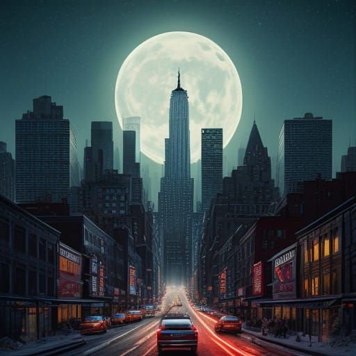 Create a photorealistic image of the New York skyline at night. The city is illuminated under a bright moon. In the back...