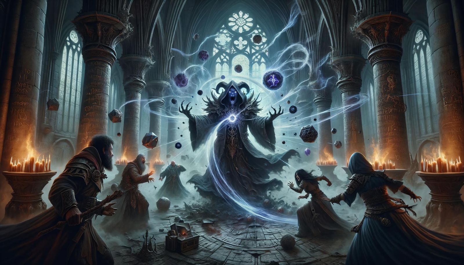 Dark Wizard Casts Blasphemy Spell in Gothic Temple