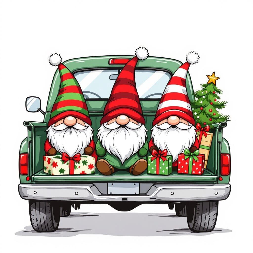 Cute Gnomes in Old Truck with Christmas Decor