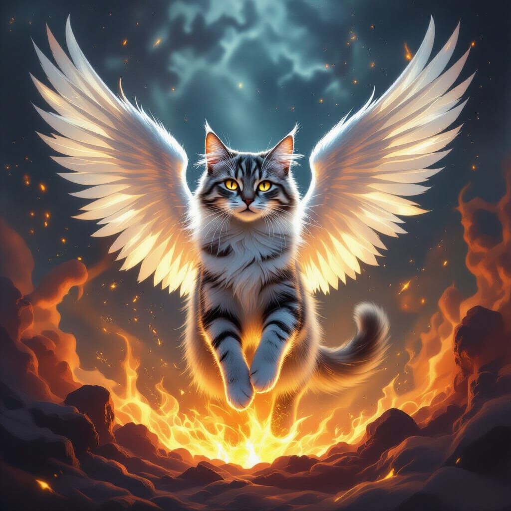 Silver Tabby Cat Angel Rises From Fiery Vortex