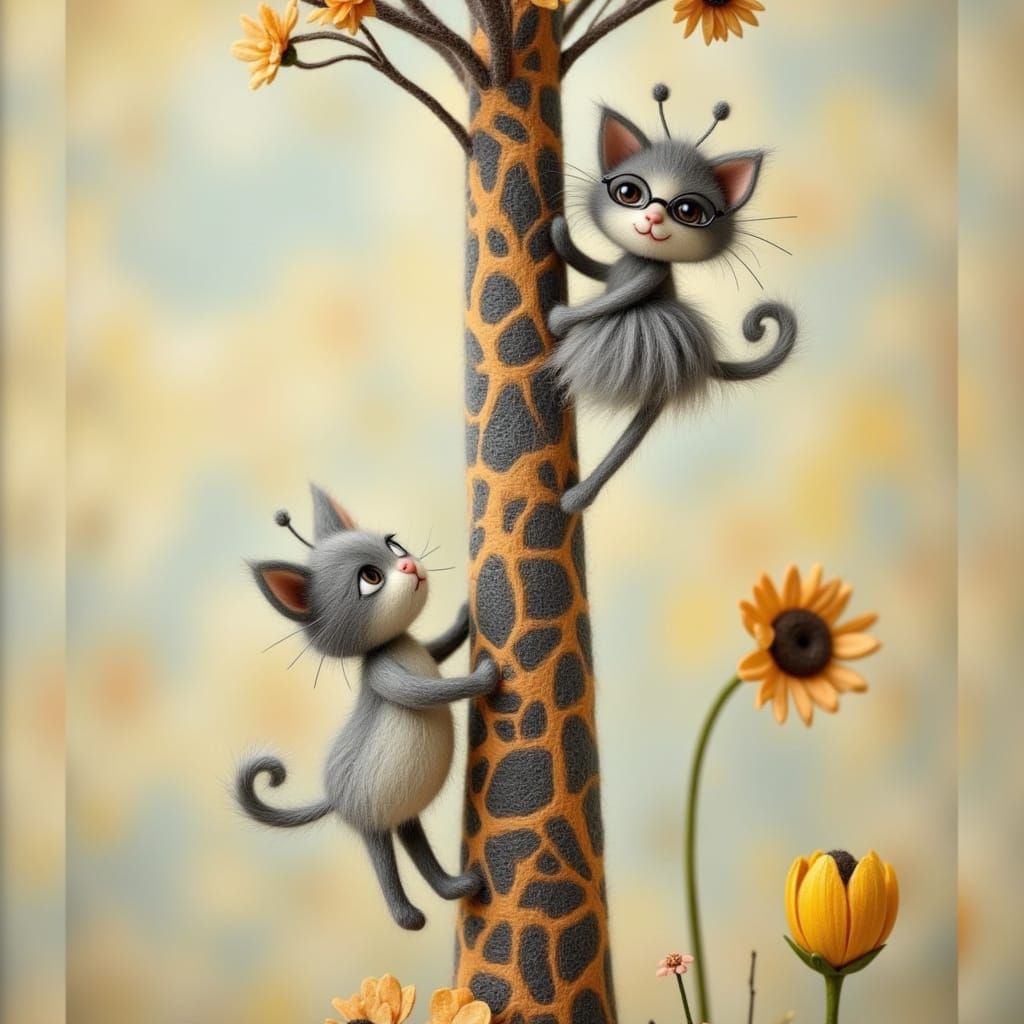 Whimsical Kitten Climbs Giraffe Tree in Storybook Style
