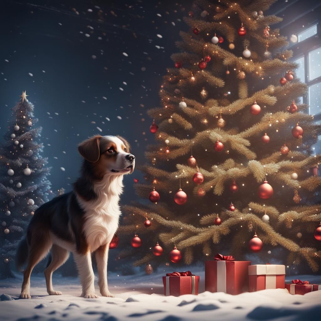 Dog by Snowy Christmas Tree in Digital Painting