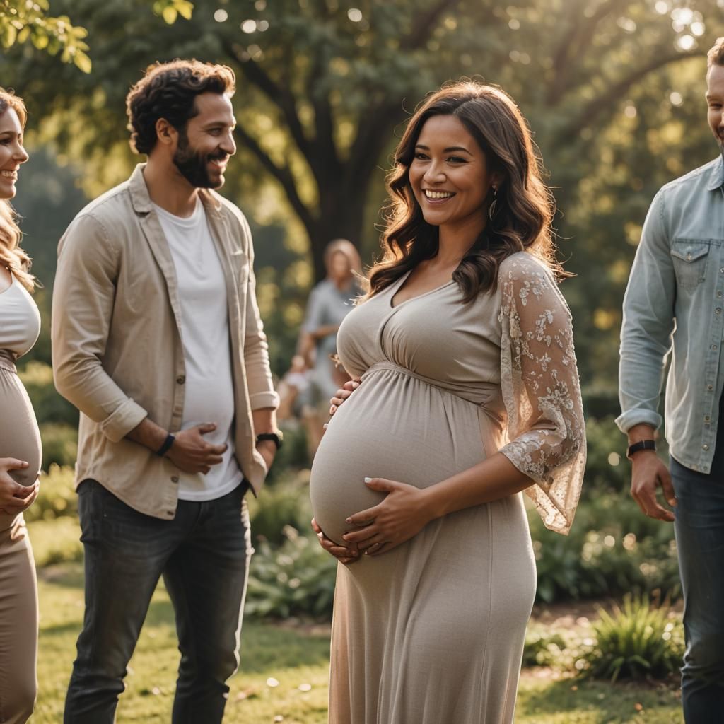 a gorgeous woman 9 months pregnant, proudly showing off her baby bump to her friends. render in 4k