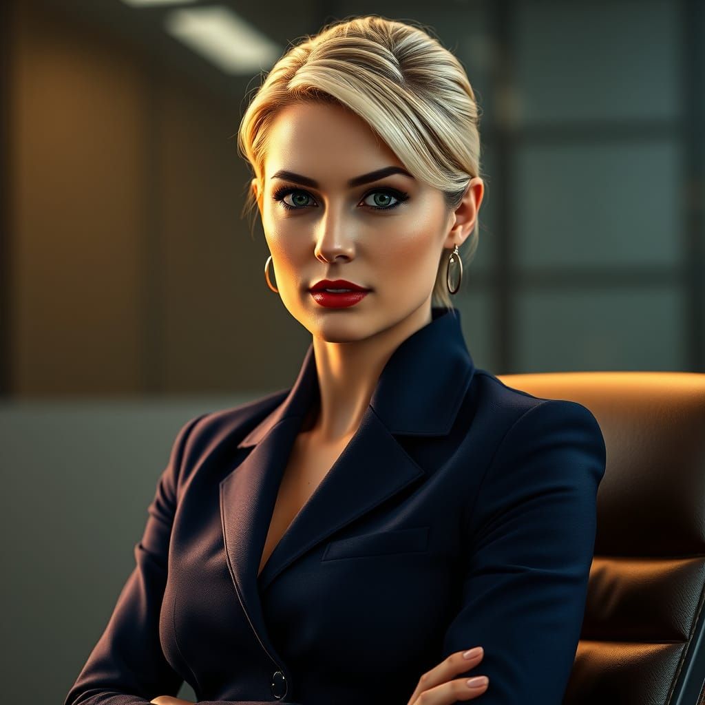 Serious Businesswoman in Navy Blue Skirtsuit