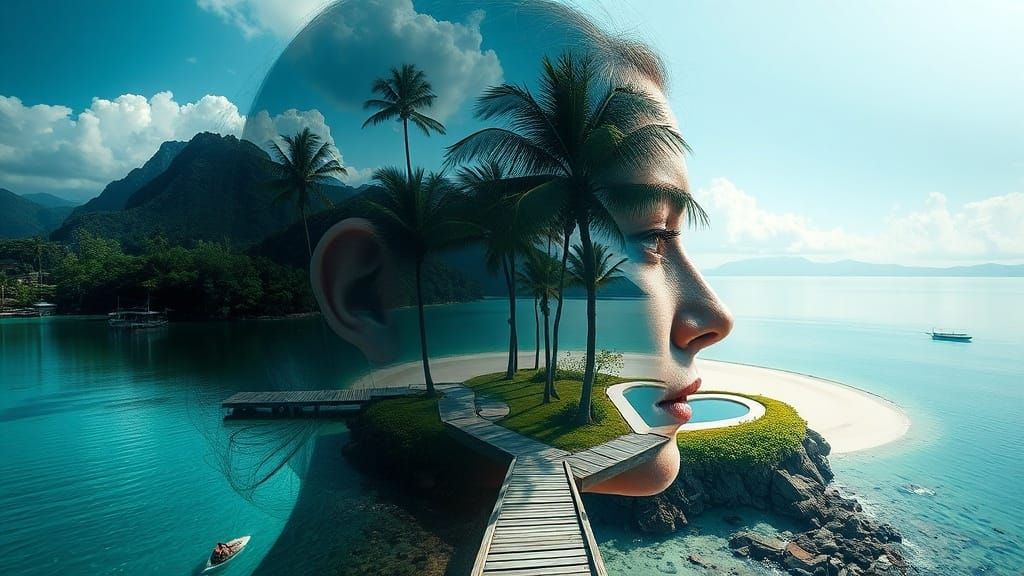 Double Exposure Portrait with Lake and Beach, Neo-Impression...