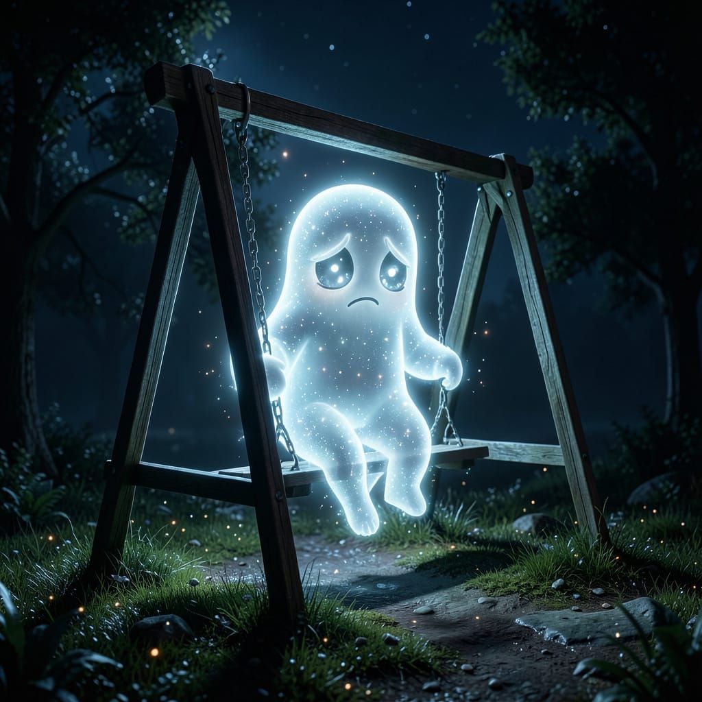 Ethereal Ghost on Swingset in Dark Fantasy Night