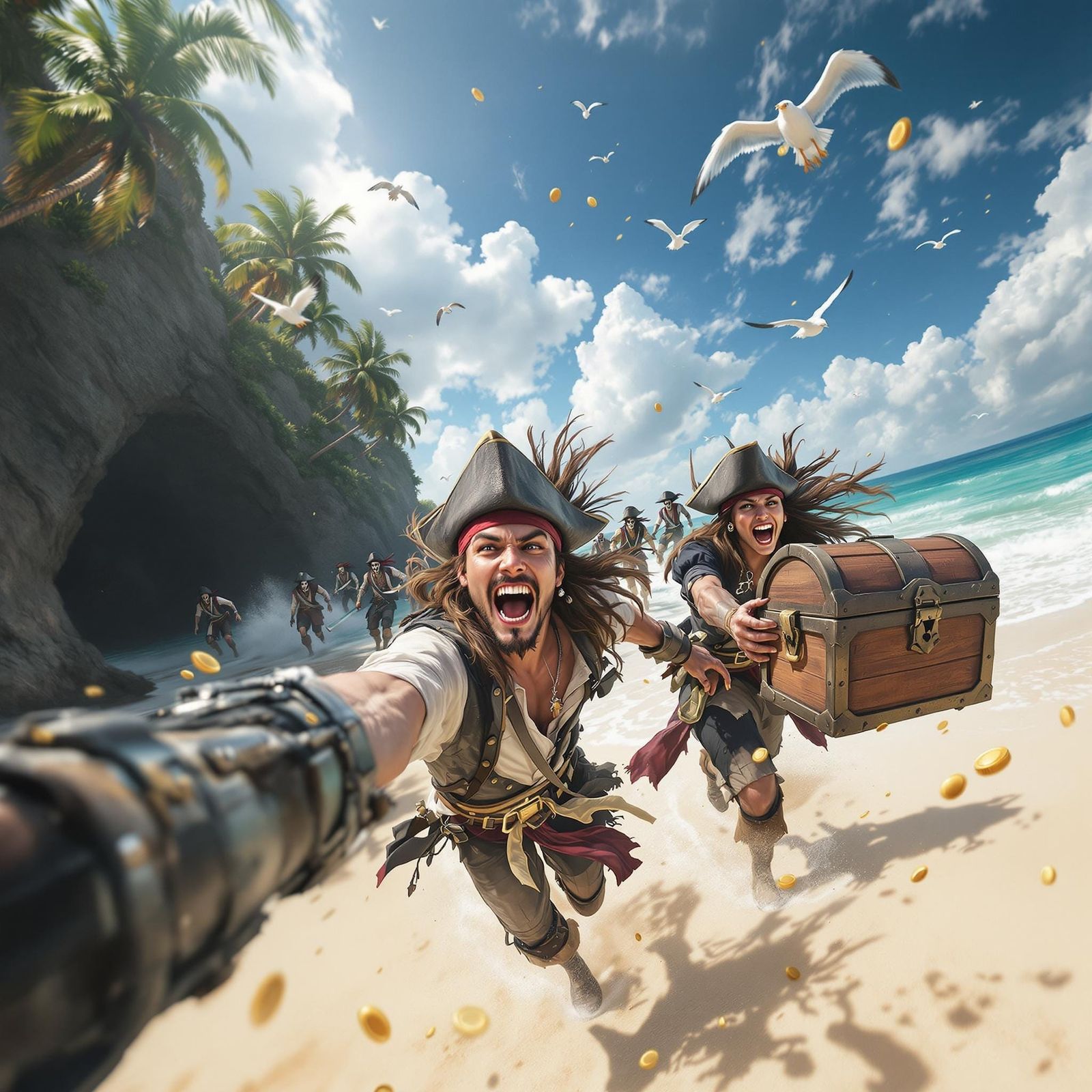 Pirates Chase with Treasure: Hyper-Realistic Selfie