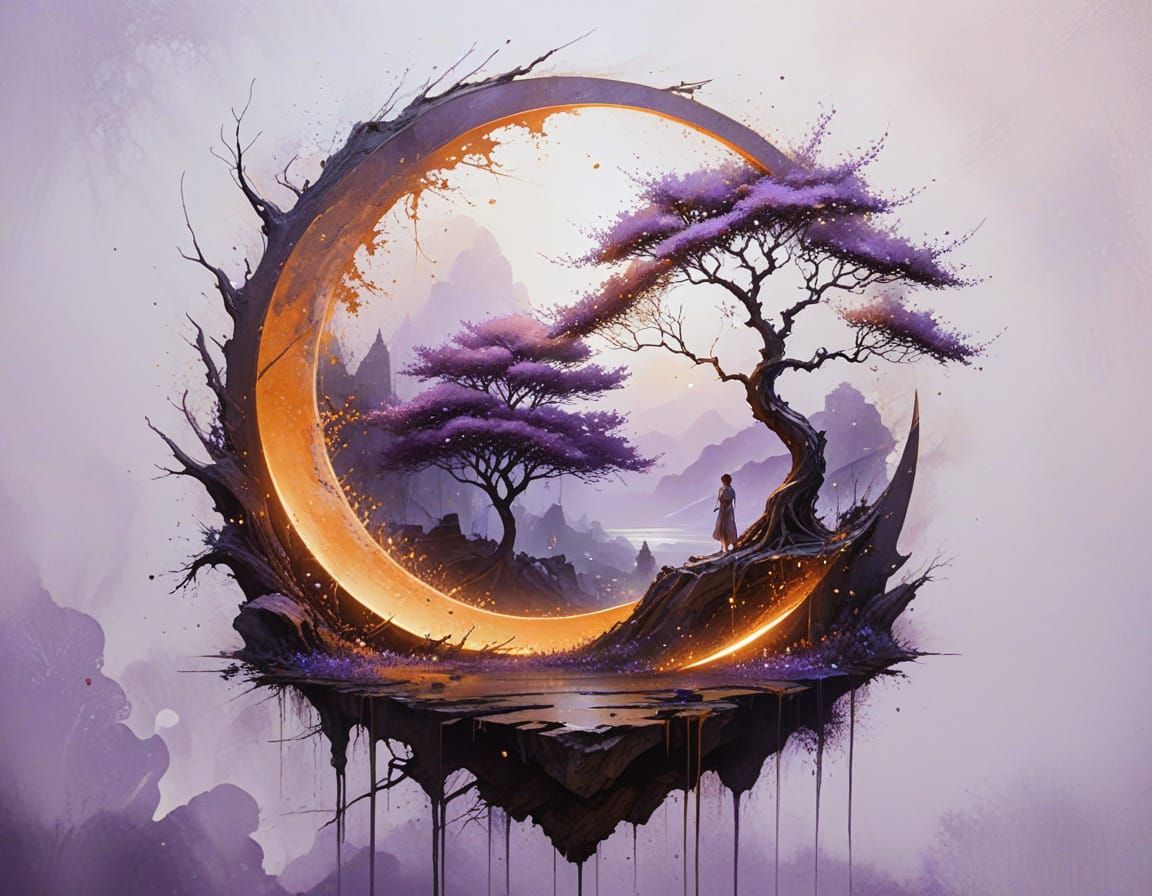 Surreal Golden Moon with Luminous Tree and Lone Figure
