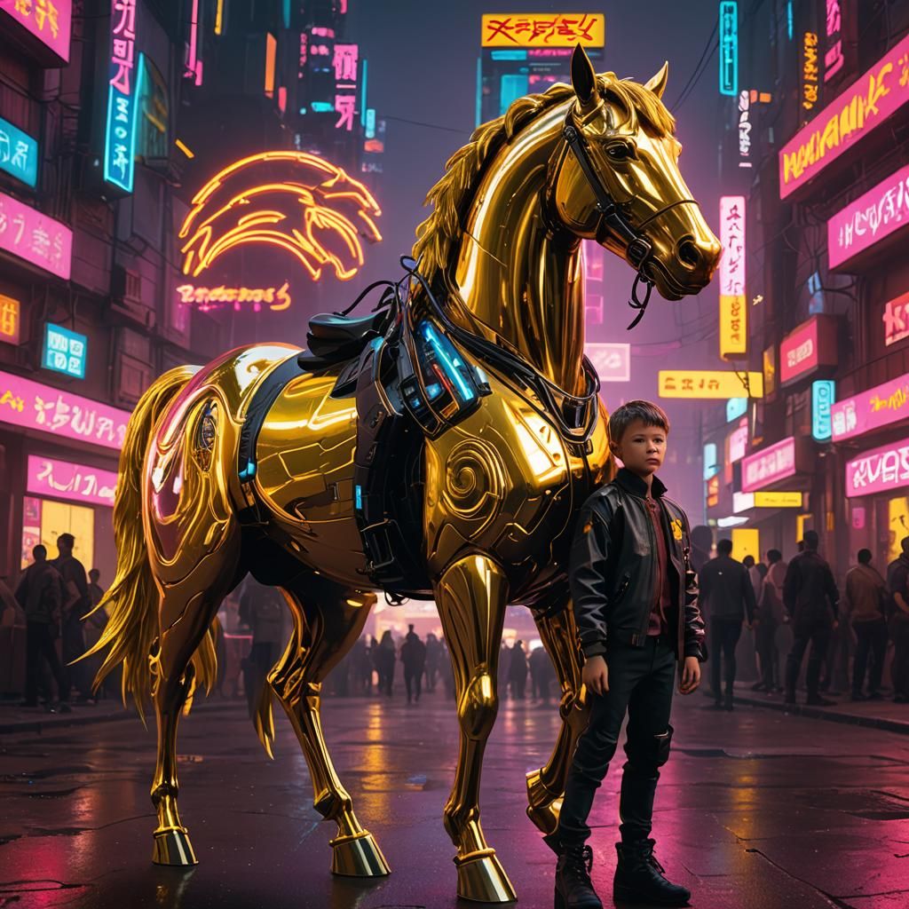 Child on Golden Horse in Cyberpunk Neon Style