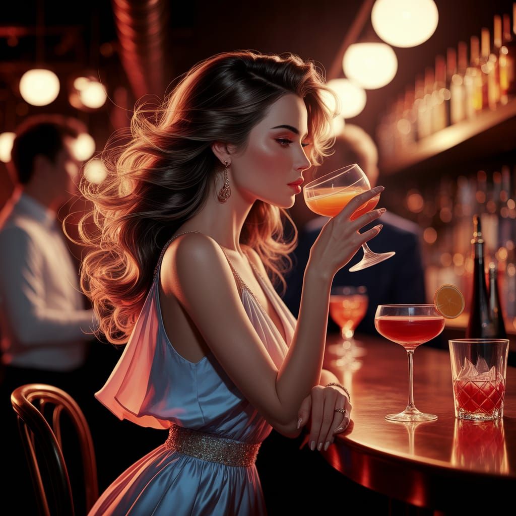 Woman Sipping Cocktail in Deep Color Acrylic Art Style