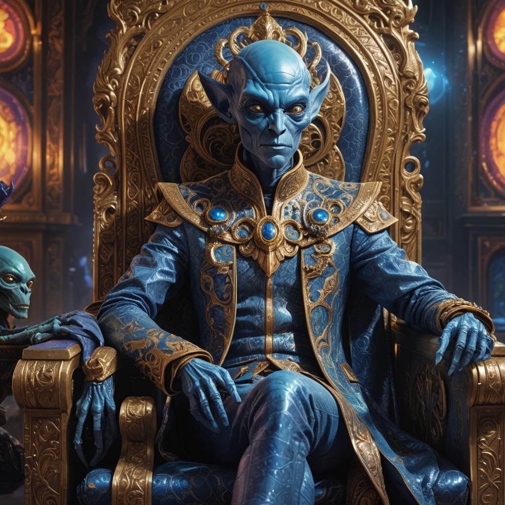 Blue-Skinned Alien Prince Watching Holo-Screen