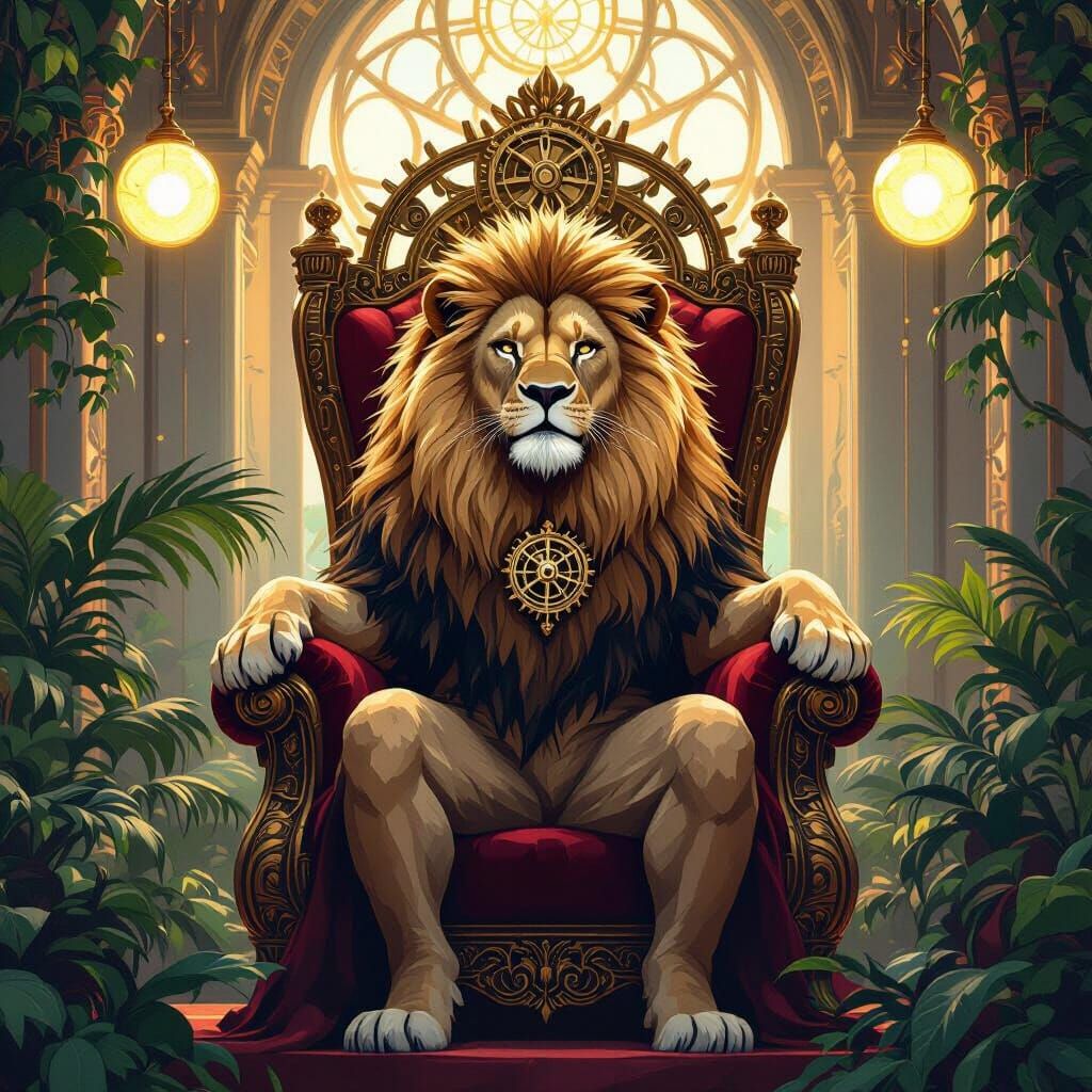 A majestic lion sits regally on a  throne in solarpunk throne room
