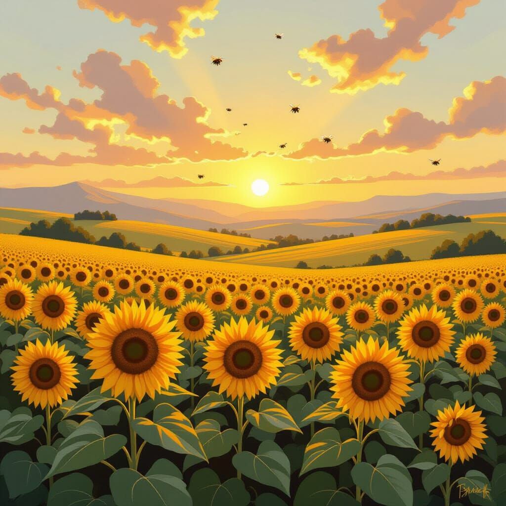 Golden Sunlit Sunflowers in Impressionistic Style