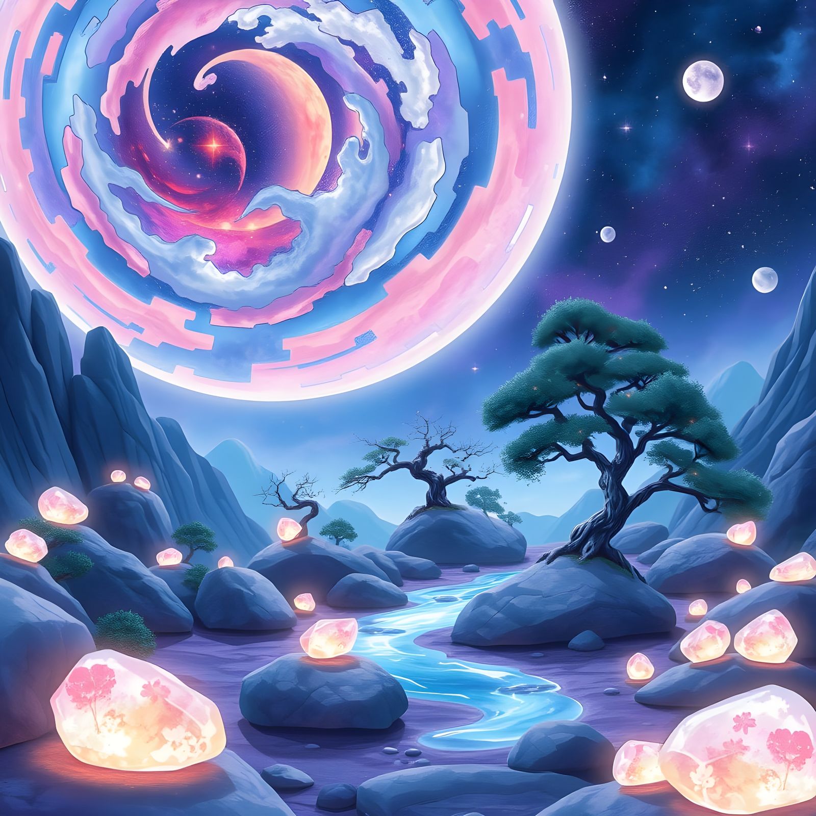 Alien Zen Garden in Ghibli Style