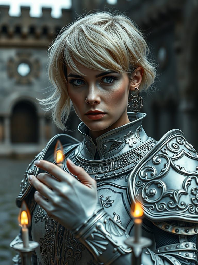 Fantasy Priestess in Silver Armor Casting Spells