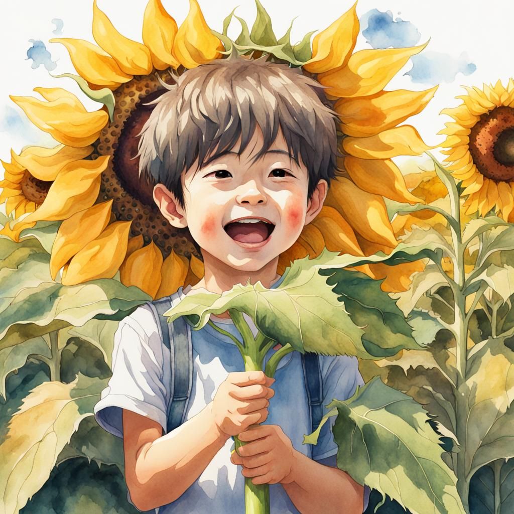 Happy Boy in Sunflower Field: Anime Watercolor Painting