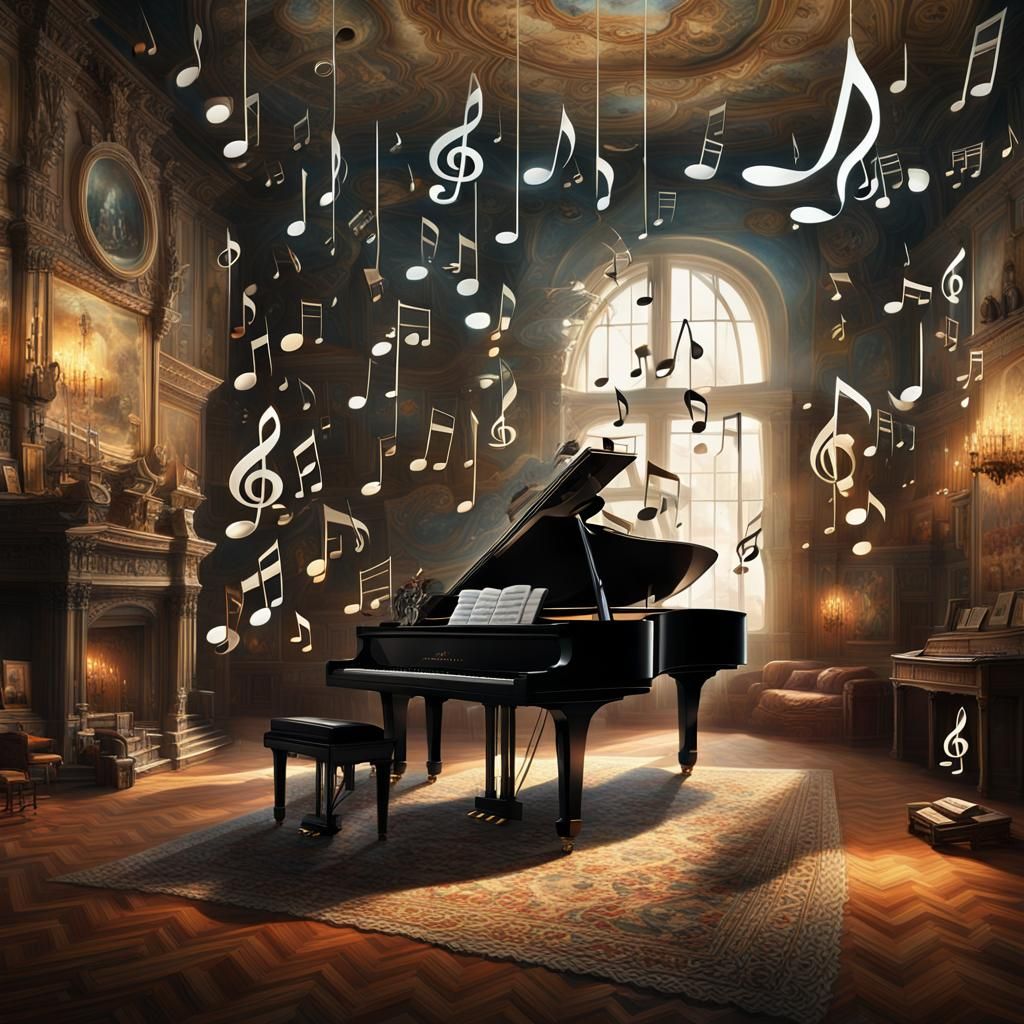 Postmodern Room Filled with Floating Music Notes