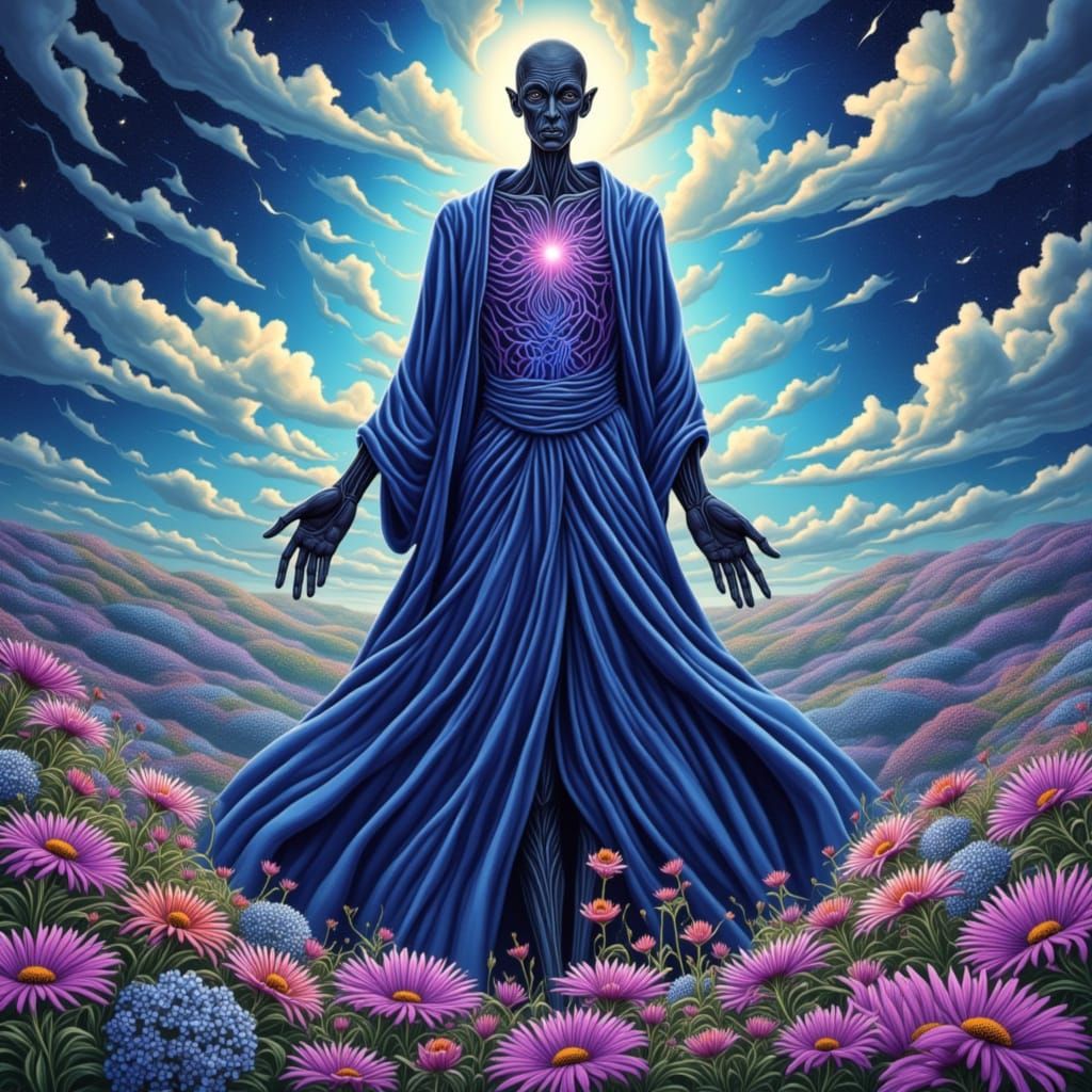 Mystical Figure in Cobalt Veins Surrounded by Blooming Dream...