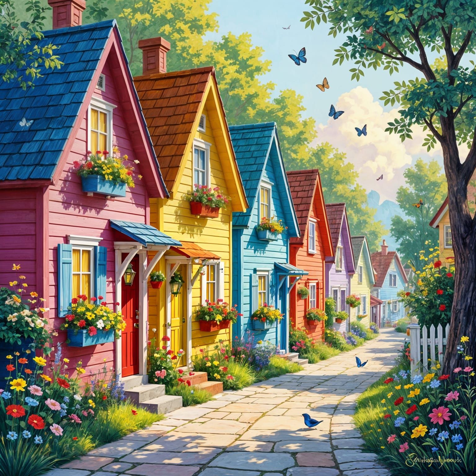 Whimsical Crooked Houses Painting with Butterflies and Blueb...