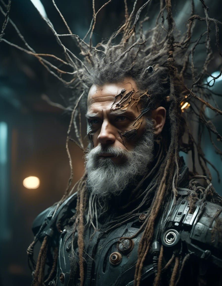 Dreadlocked Cyborg in Haunted Gothic Corridor