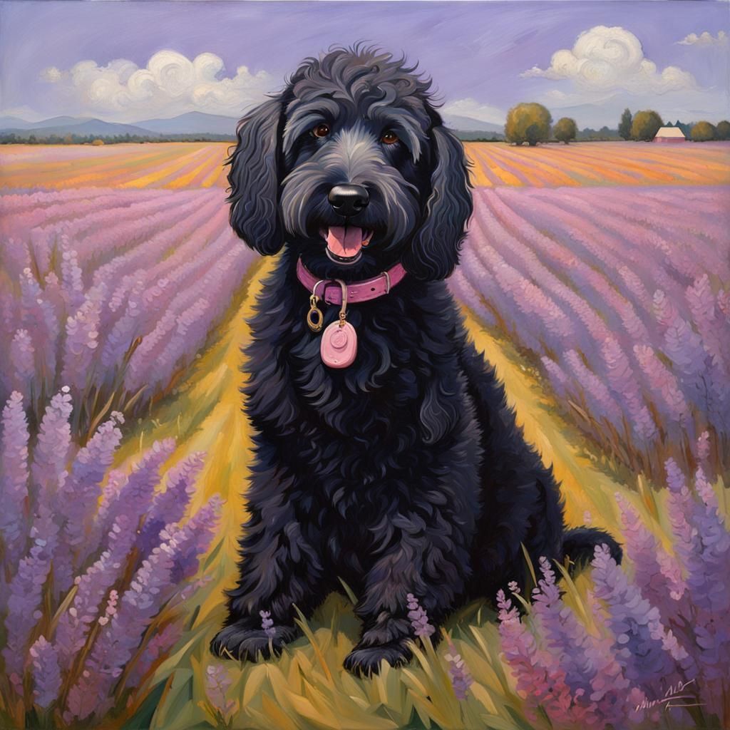 Black Golden Doodle in Lavender Field as Oil Painting