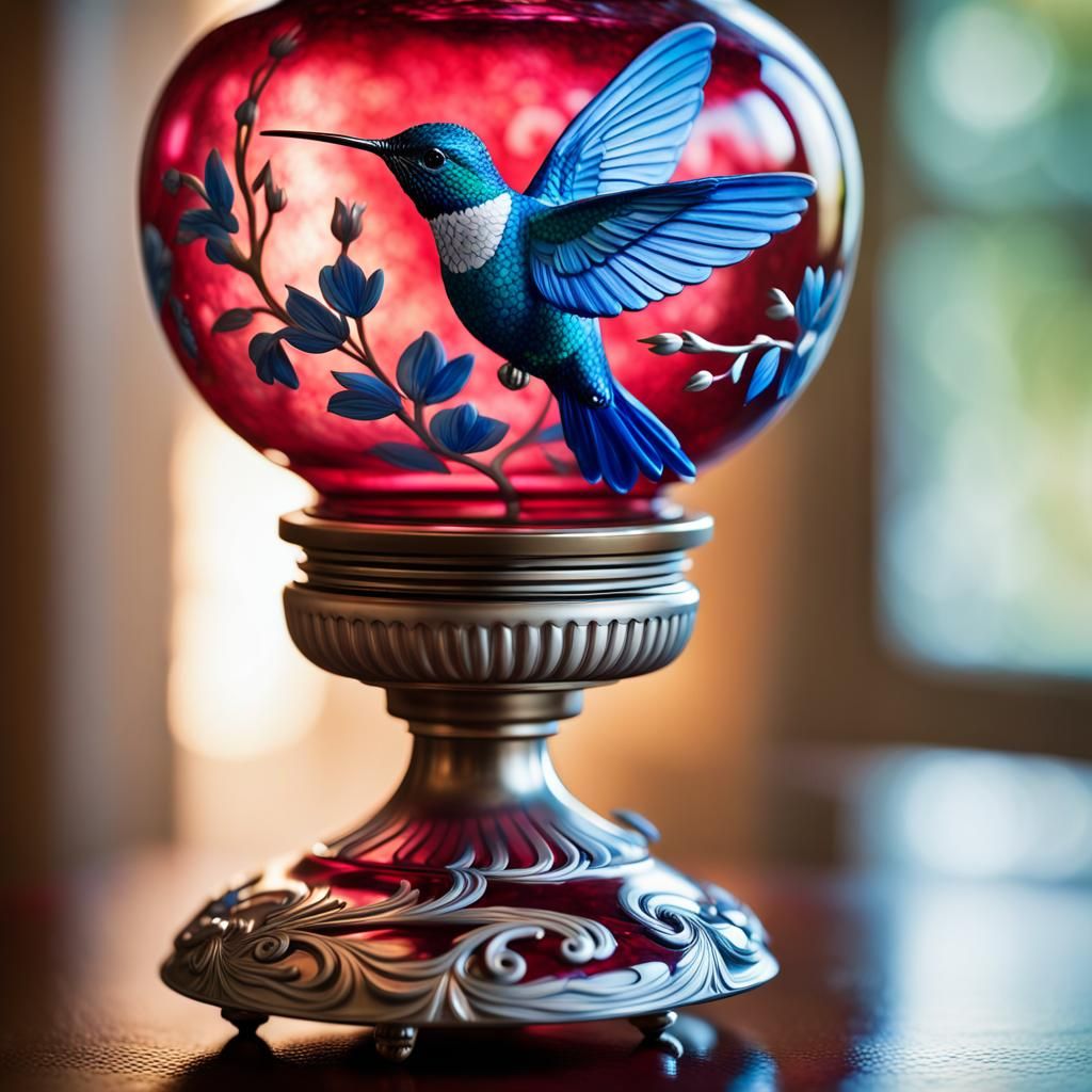 Cranberry Glass Lamp With Hummingbird Design 2