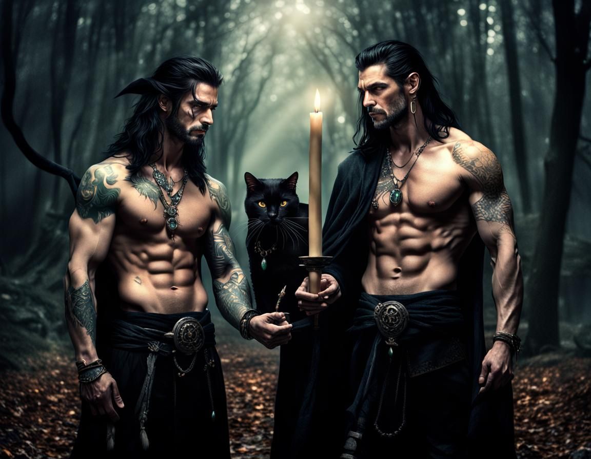 Two Male Witches in Forest with Black Cat