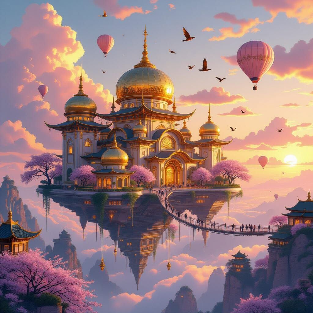 Floating City at Sunset with Steampunk Elements