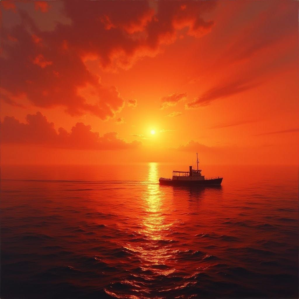 Golden Hour Tugboat Silhouette Against a Fiery Red Sky