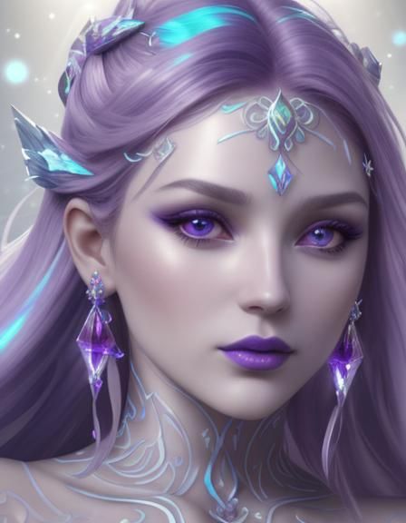 Ethereal crystal Maiden with long purple hair with crystals in her hair and purple eyes with magenta eyeshadow with purp...