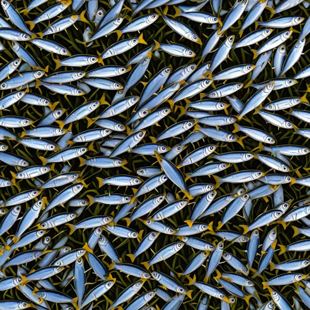 Microscopic shoal of mackeral on a daisy